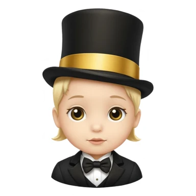 a baby in a black top hat with a gold stripe sticker