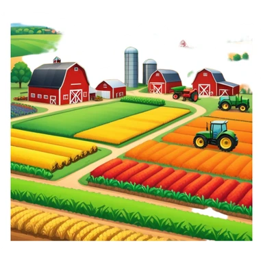 colorful rural landscape, inspired by farming simulators like Farming Simulator 22. The design shows fields, tractors, and barns, with vibrant crops and animals in the background. The peaceful farming scene symbolizes the immersive experience of managing a farm, with a transparent background sticker