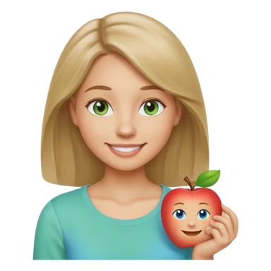 A woman with light skin, longer shoulder-length dark blonde hair, blue eyes, smiling face, wearing a casual pastel green top. The emoji should be in Apple-style, minimalistic, colorful, and round-faced. Show only the face or bust (not full body). sticker
