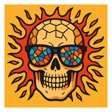 Enhance the skull with mosaic eyewear, making the head explosion more detailed and vivid in a cartoonish style with vibrant toon aesthetics. sticker