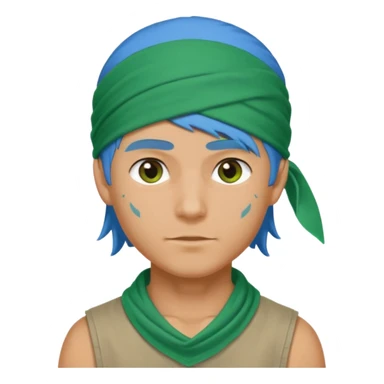 a man with half long blue hair, half short green hair and wearing head bandana sticker