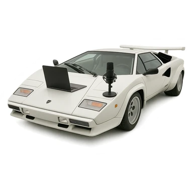 Lamborghini Countach with a laptop and recording microphone on the hood sticker
