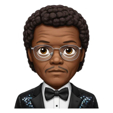  Samuel L Jackson with dark brown hair, black sequin suit with bow tie sticker