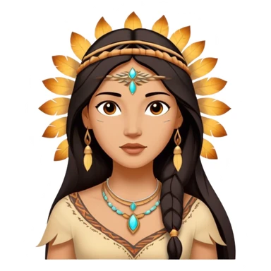 Cinematic Radiant Pocahontas Portrait Emoji, rendered in a vector-style with clean lines. Show Pocahontas with luminous, sun-kissed skin and flowing dark hair adorned with subtle natural ornaments, her expression calm and kind, dressed in simple traditional attire with earthy tones. The image glows softly with a warm, inviting radiance, enhanced by a soft glowing outline. sticker