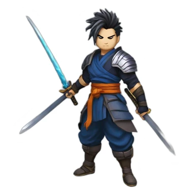 yasuo from league of legend in the dragon ball z style with color with a tired hair and a katana sticker