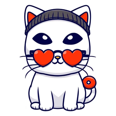 cat wearing a beanie and heart-shaped sunglasses sticker