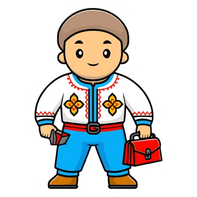 Ukrainian man in traditional embroidered vyshyvanka shirt holding a toolbox sticker