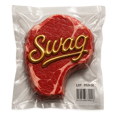 steak with gold cursive 'SWAG' lettering, shiny and inflated sticker