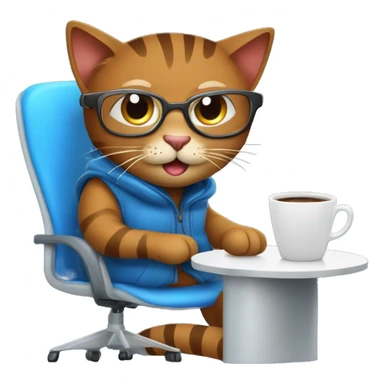 "Create an emoji of a happy brown cat with computer glasses, typing on a blue laptop and taking notes. The cat is sitting on an ergonomic chair with a coffee mug and a potted plant, wearing a winter jacket because the office AC is cold." sticker