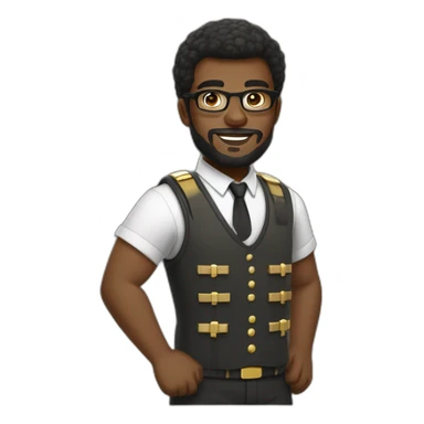black soldier with beard, part in hair, white collared shirt, bow tie, gold glasses, bulletproof vest  sticker