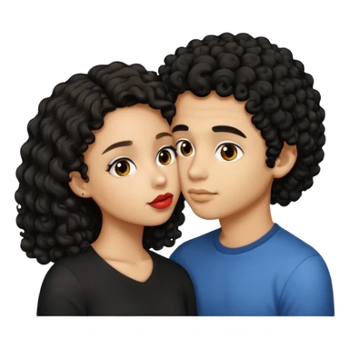a light skin girl with medium black curly hair and a light brown boy with medium length black hair kissing emoji sticker