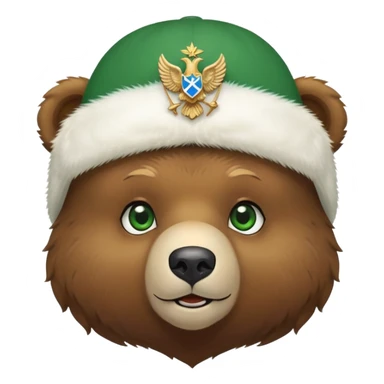 Just the head of a cute small brown bear cub with green eyes, wearing only a white fluffy ushanka hat with detailed Russian Federation double-headed eagle emblem, no other clothing, iOS emoji style sticker