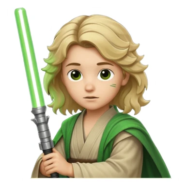 Young jedi with dirty blonde wavy hair holding a green lightsaber sticker