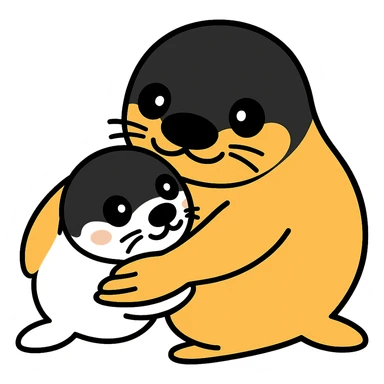 Transform the seal pup and mother in the image to resemble Yo-chan and Tusk-chan from Tokkari Centre, maintaining the nuzzling pose and preserving the transparent background. sticker