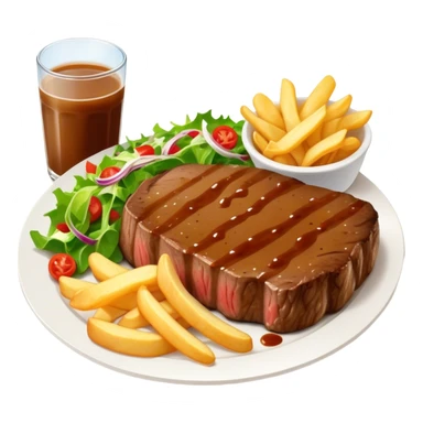 big juicy australian steak meal featuring chips, small salad in a ramiken and gravy  sticker