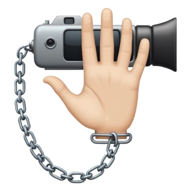 Minimalist emoji-style sticker of a human hand bound by a chain leading to a video camera. Icon-like, clean silhouette, muted tones. sticker