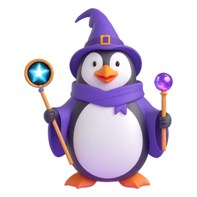 ios 3D style emoji of a penguin wizard with a purple hat and wand, standing on a magic circle sticker