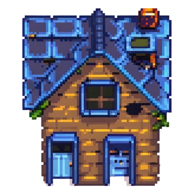 modern house with blue solar panels on the roof, pixel art style sticker