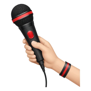 hand holding black stage microphone with red strip on bottom sticker