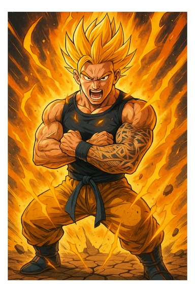 a strong, athletic man in training gear channels a burst of golden energy from his body, his muscles flexed and veins visible. His hair stands up in wild spikes, and his expression is fierce and focused. The aura around him pulses with power, and the ground beneath his feet cracks from the force. The style is bold and colorful, inspired by classic shonen anime. sticker