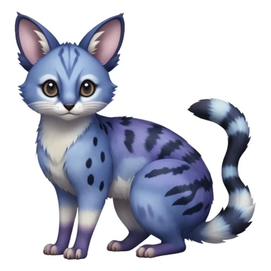  Realistic dull gloomy-dark-deep-grayish-indigo-violet-gradients fur with random markings beautiful elegant pretty precious cute  Fakémon-Pokémon-opossum-feline-serval-caracal-chinchilla-Minccino-Furret-hybrid-creature with a big fluffy bushy tail (full body) sticker
