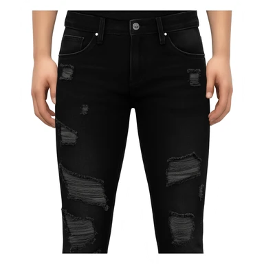 Black ripped skinny jeans in Amiri style, heavily distressed with stacked fit, frayed knee rips, faded black wash, visible “AMIRI” logo detail, emoji style, centered, no model, no shoes, no extras. sticker