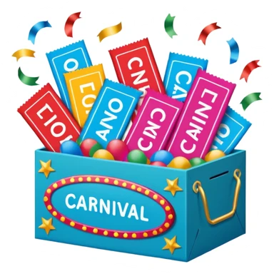 a box with the words "carnival pack" with tickets as a bundle, confetti in it etc  sticker