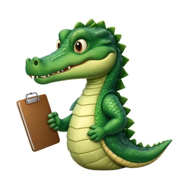 A gator with a serious face holding a clipboard and a pencil, offwhite background sticker