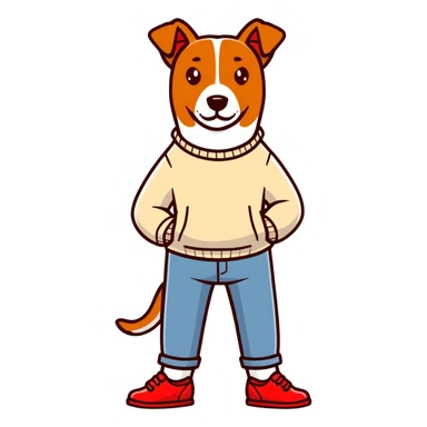 Brown dog standing upright with hands in jean pockets, wearing a white sweater and red shoes sticker