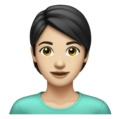 25 year-old caucasian girl white skin black bob hair blue-green eyes, thin face, smiling sticker