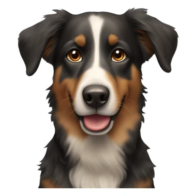 Black dog, an ear up the other down. He looks like an australian shepard sticker