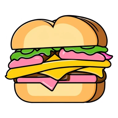 cartoon style half-eaten sloppy sandwich gripped by a hand with pink fingernails sticker