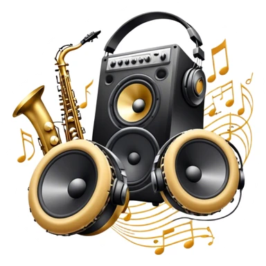 Icon for R&B Music Listening: large concert speakers and headphones with waves of musical notes coming out, along with drums, bass guitar and saxophone. The icon should convey the energetic and rhythmic vibe of R&B music. Transparent background sticker