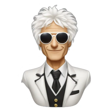 michel polnareff avec des lunettes de soleil blanches, des cheveux longs, vieux et avec un costume sticker