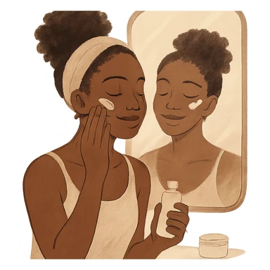 self care aesthetic, black girl with brown skin, applying skincare in front of a mirror, gentle and uplifting mood sticker