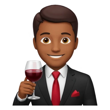 Man with black suit and red tie, brown skin, handsome, drinking wine with a happy face sticker