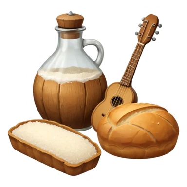 steampunk - a bottle of salt (salt shaker) and a loaf of peasant bread with a small mandolin sticker