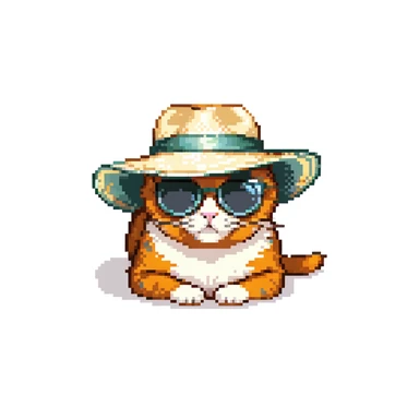 a cat in a summer panama hat with large brim, wearing sunglasses, lying on its stomach with its head resting on the ground sticker