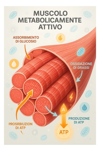 a highly detailed cross-section of human skeletal muscle fibers, shown in vibrant red and pink tones, with visible striations and realistic texture. Glowing arrows and animated icons represent active metabolic processes—such as glucose uptake, fat oxidation, and ATP production—occurring within the muscle tissue. Surrounding the muscle, floating symbols for mitochondria and energy highlight its metabolic activity. The background is clean and clinical, with subtle labels and infographics explaining that muscle is a metabolically active tissue. The overall style is modern, scientific, and visually engaging, suitable for educational or medical use. in italiano sticker