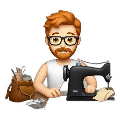 Red smooth haired man with beard and glasses sewing a leather bag by hand sticker
