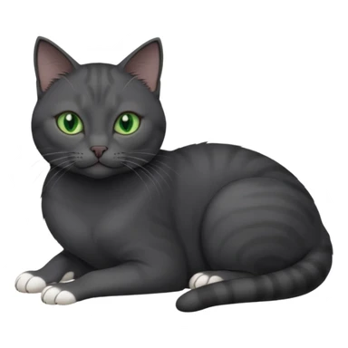beautiful female solid dark grey cat with green eyes, white toes/paws and white patch on her chest rolling over sticker
