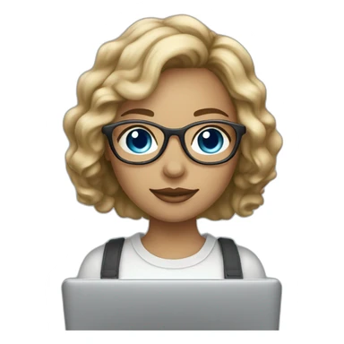 dark-blonde girl with bob wavy hair and blue eyes in glasses silver color glasses holding laptop light skin sticker