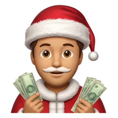 A confident rich emoji face wearing a Santa hat, money stacks, casino vibe, New Year theme, premium 3D emoji style, sharp details, no text, isolated on transparent background sticker