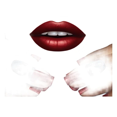 long dark blue manicure at the mouth with red lipstick sticker