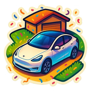 A Tesla Model Y parking in a home driveway with grass on the sides, from above, with confetti sticker