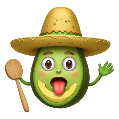 surprised avocado in guacamole wearing a sombrero with a mallet in motion above its head, whack-a-mole action, iOS emoji style sticker