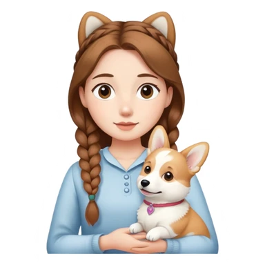 The girl with brown hair in a single braid is holding a white corgi sticker