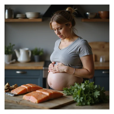 realistic pregnant woman in 4K cooking at home, setting aside raw salmon and choosing well-cooked fish, protective expression towards belly sticker