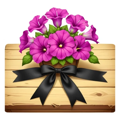 A lush bouquet of bright light margenta color petunia black satin ribbon, resting on an antique wooden table, with a pale yellow and pink plaid pattern table cloth sticker