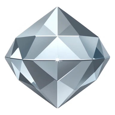 A faceted diamond emoji made of silver chrome, smooth reflective surfaces, soft metallic shine, minimalistic and clean design, iOS emoji style, centered on white background, soft studio lighting sticker
